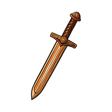 Render a highly detailed image of a Viking Ulfberht sword, showcasing its legendary craftsmanship and intricate details.  Include a weathered scabbard.
