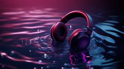 Fototapeta premium A premium headset with deep red ear cushions and glowing purple trim, floating amidst shimmering water ripples under bright studio lights.