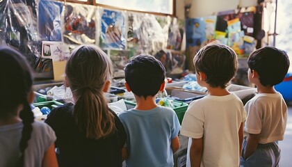 Obraz premium Four school-aged children curiously watch colorful posters inside their classroom