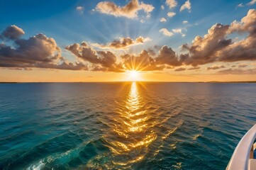 Obraz premium As warm, golden sun rose over tranquil, azure waters, passenger vessel embarked on its summertime vacation journey, offering a wide-angle view of breathtaking coastal landscape, with vibrant hues of .