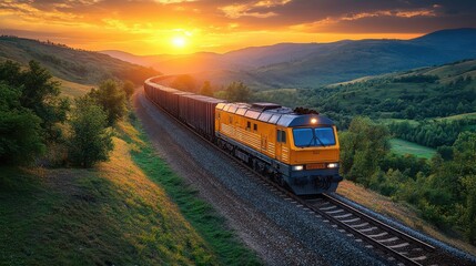 A train travels along a scenic route at sunset, surrounded by hills and lush greenery.