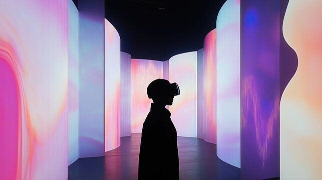 Silhouette of person exploring VR art installation. Vibrant neon abstract lights surround. Futuristic gallery space. Person wearing VR headset. Art show experience. Immersive tech art. Visual