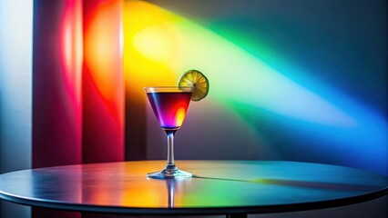 A vibrant cocktail garnished with citrus, illuminated by colorful light beams on a reflective surface