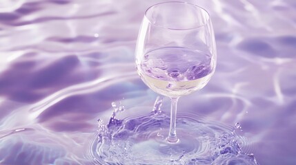 A premium white wine glass featuring a matte white base and subtle purple patterns, gently floating amidst animated water ripples and splashes.