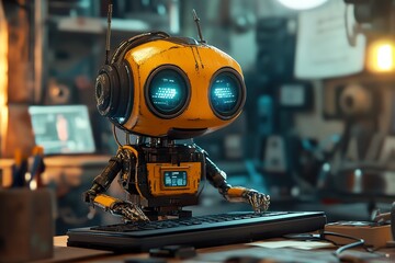 Fototapeta premium Retro Robot Working on a Computer Keyboard