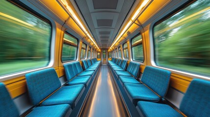 Fototapeta premium A blurred interior of a train with empty blue seats and a vibrant yellow-lit corridor.