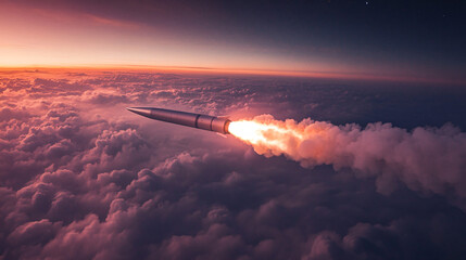 A sleek, futuristic hypersonic missile soaring through the sky, leaving a trail of energy behind.