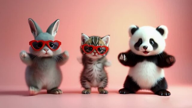 A dancing cat, bunny, and panda wearing red heart-shaped sunglasses. The background features floating hearts, creating a fun, playful, and cute atmosphere.