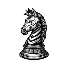 Detailed vector illustration of a zebra-striped chess knight, sketched and engraved style.  High-resolution, intricate linework.