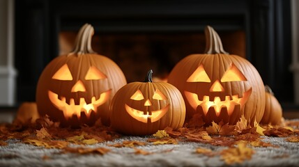 Fototapeta premium Illuminated Jack O Lanterns Near Fireplace Autumn Leaves