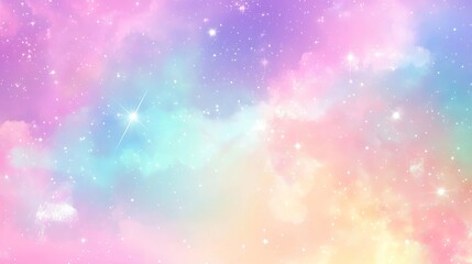 Magical pastel unicorn background with fantasy sky, stars, and bokeh effect