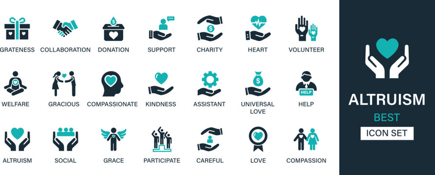 Altruism icon set collection. Greatness, collaboration, donation, support, charity, volunteer, welfare, gracious, kindness, assistant, help and best solid icon set.