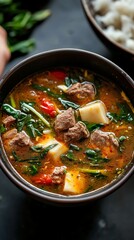 Savory Beef Stew with Spinach and Tofu Cubes