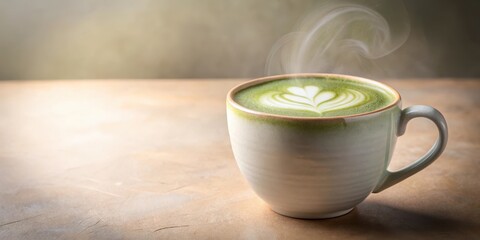 Warm Matcha Latte with Delicate Leaf Art in Ceramic Mug