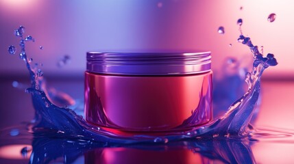 A sophisticated cream jar with a vibrant red base and metallic purple details, surrounded by animated ripples and splashes under bright studio lights.