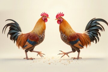 Fototapeta premium Colorful Roosters in Dynamic Pose with Detailed Feathers and Background