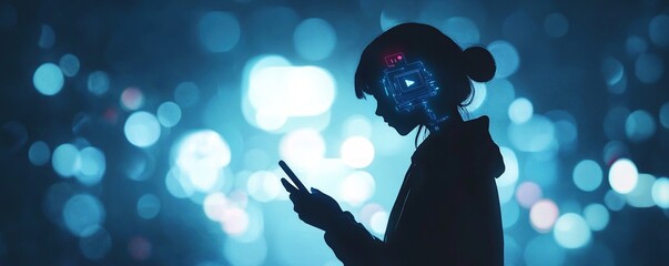 Obraz premium Digital Mind: Woman using smartphone at night, glowing blue bokeh background, technology and social media concept