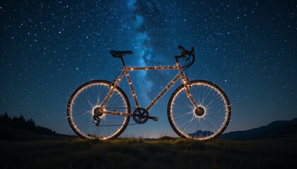 bicycle creative image made with starry night to form the bicycle shape . Sublime Generative AI image .