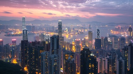 Fototapeta premium Stunning panoramic view of Hong Kong's skyline at dawn. Skyscrapers illuminated against a beautiful sky.