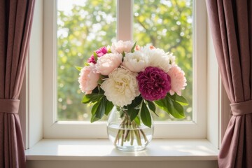Beautiful Floral Arrangement in Glass Vase by Window with Curtains