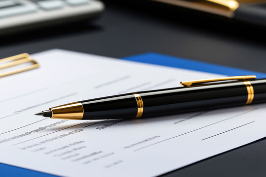 Elegant black pen placed on a clipboard with a blank document ready for signing