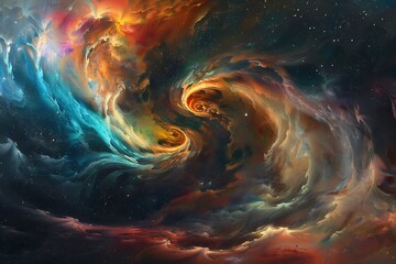 Vibrant nebula swirls in deep space, showcasing a mesmerizing cosmic dance of orange, teal, and dark hues. Stars twinkle amidst swirling clouds of gas and dust.