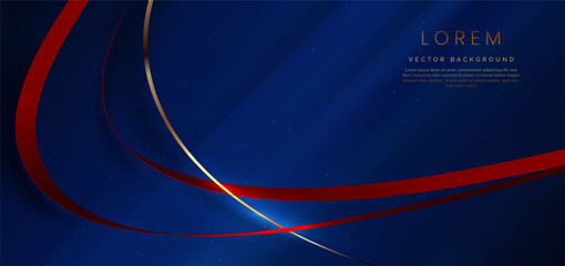 Abstract 3d gold and red curved ribbon on dark blue background with lighting effect and sparkle with copy space for text.