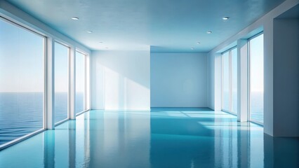 Fototapeta premium Serene Coastal Room with Expansive Ocean View and Reflective Floor
