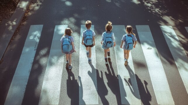 Three public school kids walking to school and crossing the road at a pedestrian crossing during morning rush hour in a suburban neighborhood