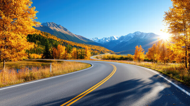 scenic countryside road lined with vibrant autumn trees and mountains