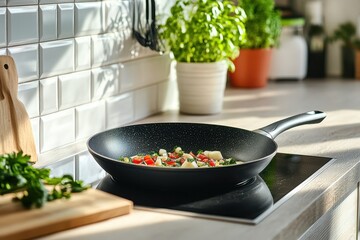 Vibrant Fresh Vegetables Cooking in a Non-Stick Frying Pan on a Modern Kitchen Counter with Natural Light and Greenery Backdrop