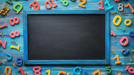 Colorful numbers, paper clips, and empty blackboard on blue wooden background - top view of educational supplies