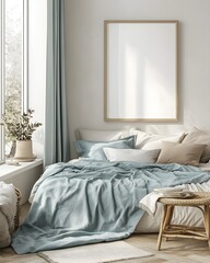 Cozy Minimalist Bedroom Interior with Blank Frame Mockup