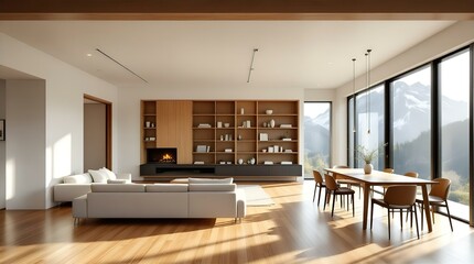 Fototapeta premium Modern Minimalist Living Room with Mountain View, Fireplace, and Wooden Accents