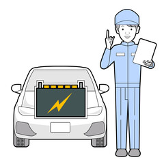 バッテリーの説明をする整備士