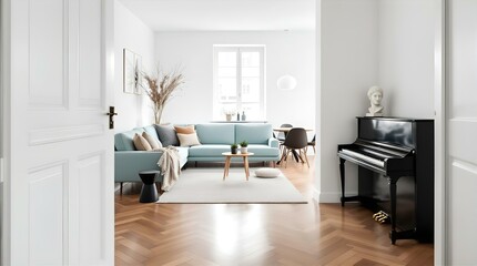 Fototapeta premium Elegant Light Blue Sectional Sofa, Herringbone Floor, and Black Piano in a Modern Minimalist Apartment Interior