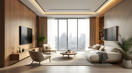 Modern minimalist apartment living room with city view, featuring beige furniture, wooden accents, and floor-to-ceiling windows.