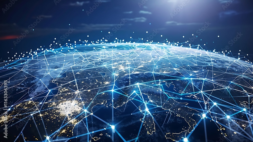 Poster digital network connecting the world. global communication and data flow.