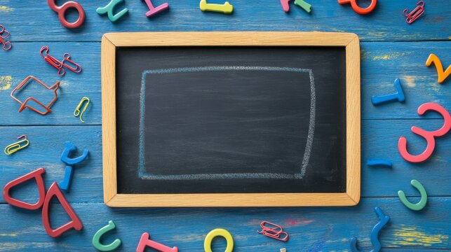 Colorful numbers, paper clips, and empty blackboard on blue wooden background - top view of educational supplies