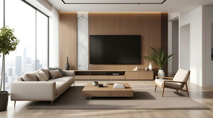 Fototapeta premium Modern Minimalist Living Room with City View, Beige Sofa, Wooden Accents, and Large TV