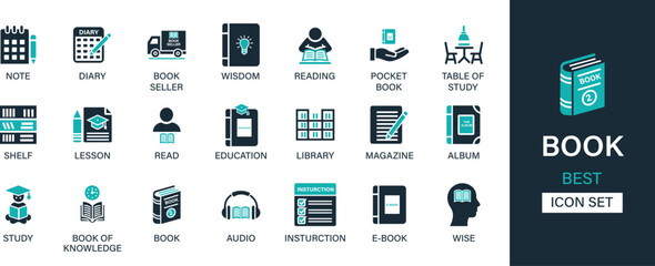 BOOK icon set collection. Note, diary, book seller, wisdom, reading, pocket book, shelf, lesson, read, education, library, magazine and best solid icon set. 