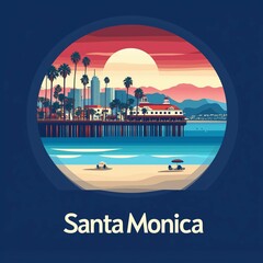 Postcard style illustration of the Santa Monica Pier in California