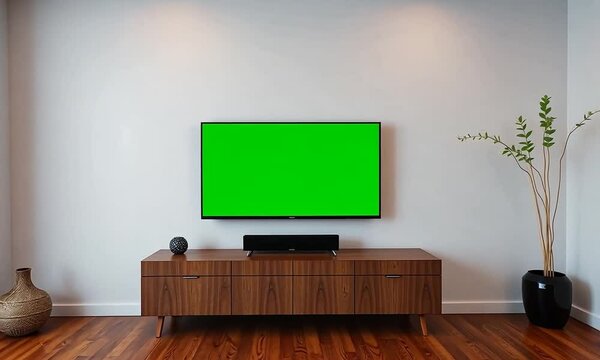 Modern living room with green screen TV setup