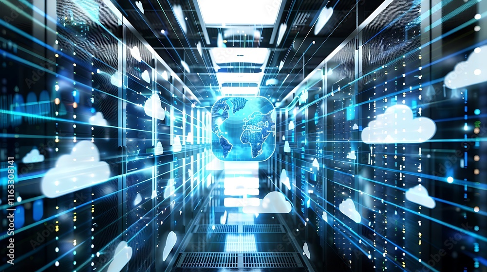Poster modern data center with servers and cloud computing technology visualized.