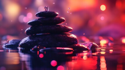 Obraz premium Luxury stones of varying shapes and textures are stacked elegantly on water. Red and purple lights highlight their contours, while water drops splash around, creating a sense of motion.