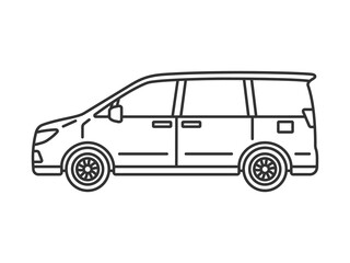 横から見た、ミニバンの自動車（線画）のイラスト
