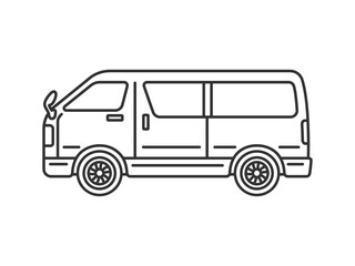 横から見た、ワンボックスカー（線画）のイラスト