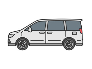 横から見た、白色のミニバンの自動車（線画カラー）のイラスト