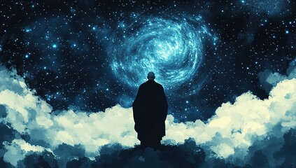Obraz premium Contemplation Under a Celestial Vortex: A Monk's Silent Reverie Amidst Starry Clouds