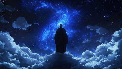 Fototapeta premium Celestial Silhouette: A Monk Contemplates the Cosmos
